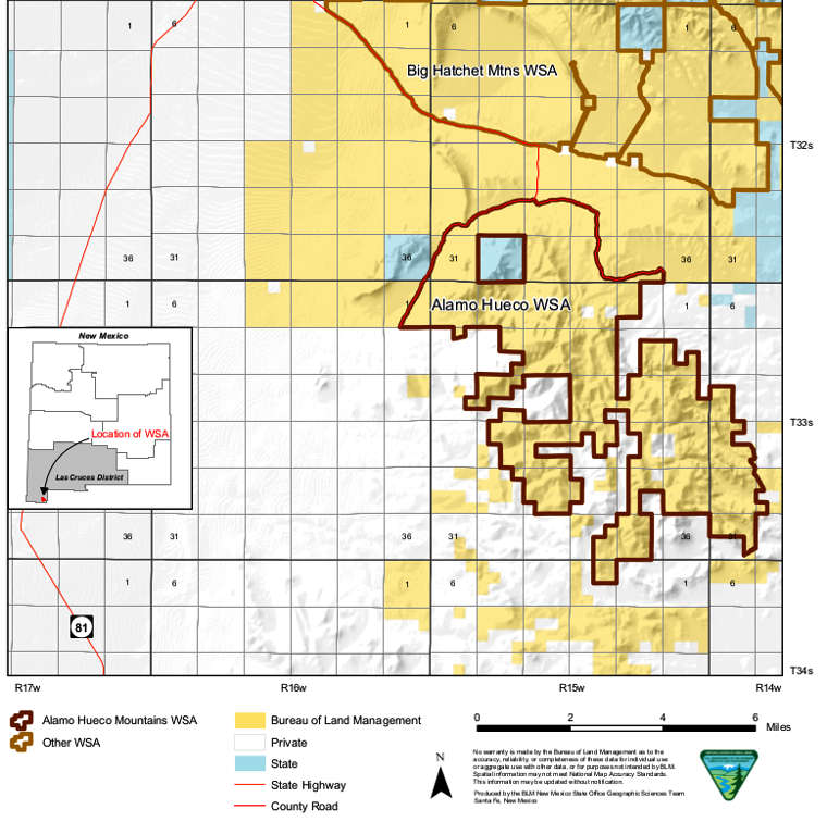 Map of the Alamo Hueco Mountains wilderness Study Area