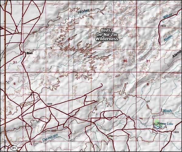 Map of Bisti-De-Na-Zin Wilderness