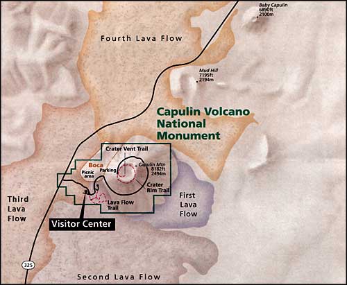 Map showing the mountain and lava flows in the area
