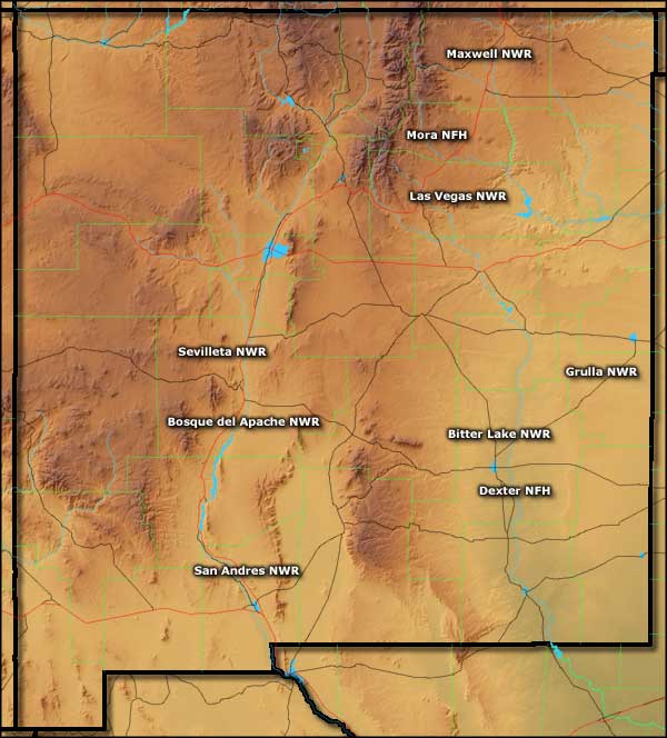 Map showing locations of National Wildlife Refuges in New Mexico