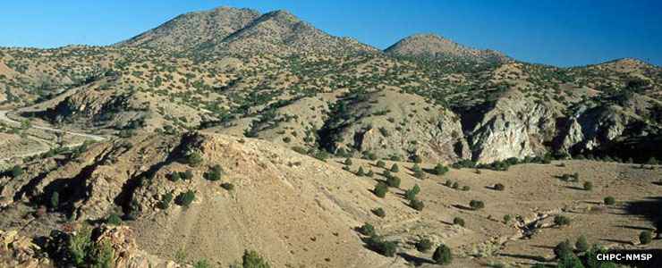 Looking up over hills and valleys in Cerrillos Hills State Park