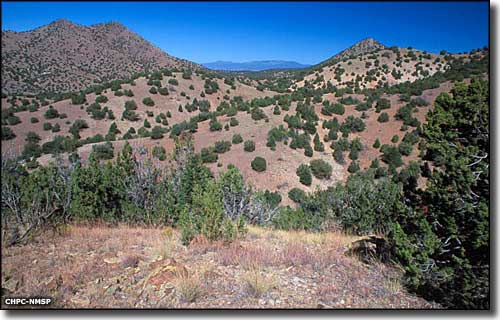 Looking down over hills and valleys in Cerrillos Hills State Park
