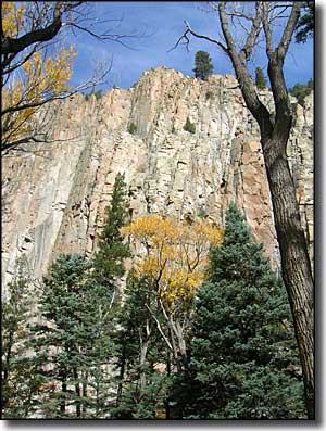 Volcanic palisades rise straight up from the creek