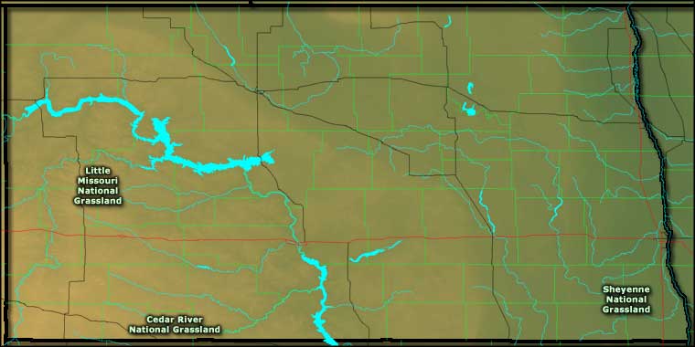 Map showing the locations of National Grasslands in North Dakota