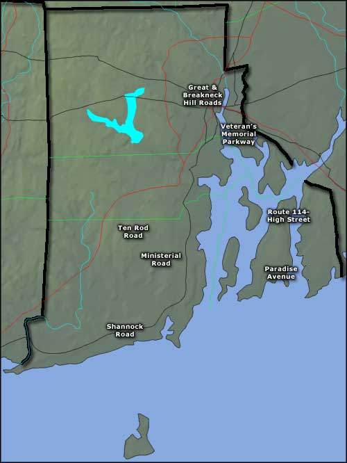 Map showing the locations of the Scenic Byways in Rhode Island
