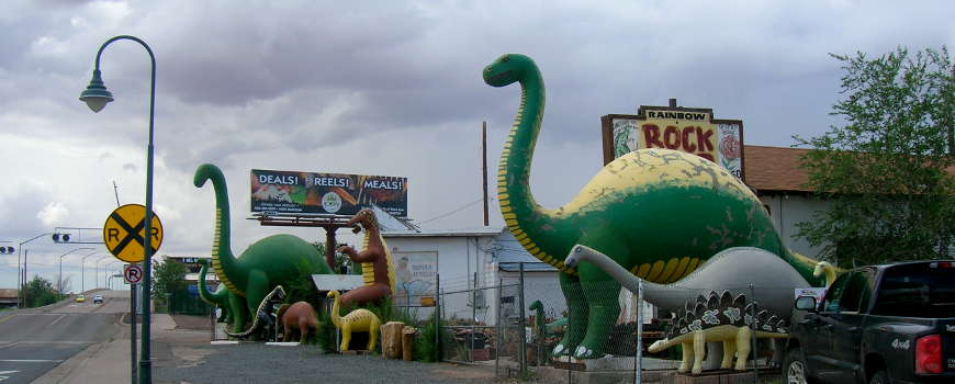 A view of the famous concrete dinosaurs in Holbrook