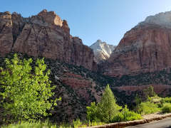 Deeper in the canyon at one of the switchbacks in the road, multi-colored cliffs rising all around