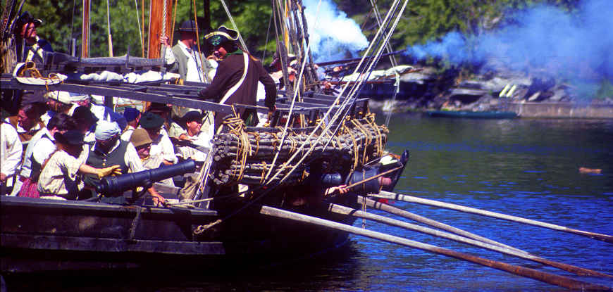 Re-enacting a battle on Lake Champlain. along the Lake Champlain Byway