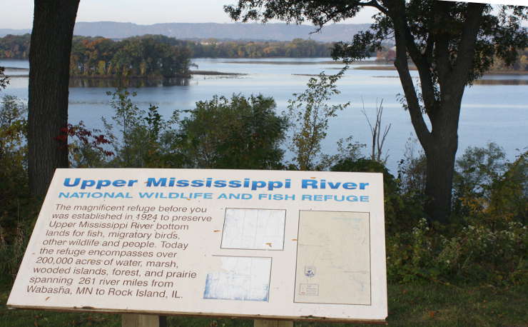 Sign marking the upper Mississippi River National Wildlife and Fish Refuge
