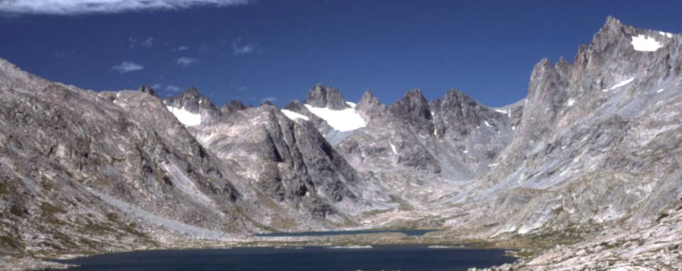 Sharp mountains in the Wind River Range rise above the Titcomb Lakes in Bridger Wilderness