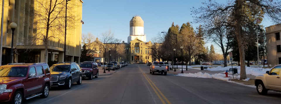 The Wyoming state capitol with the dome under repair during the heart of the Covid-19 pandemic